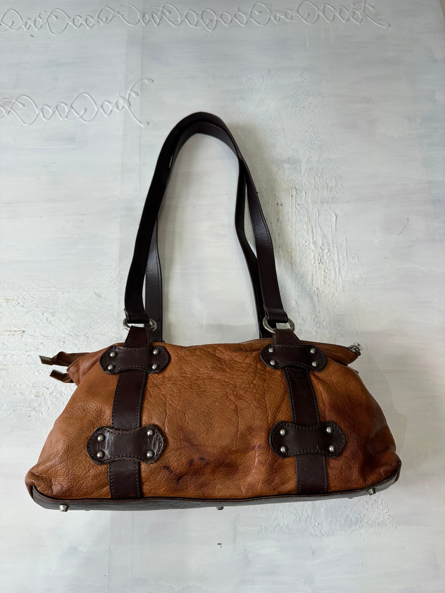 AUTUMN EDIT | brown faux leather shoulder bag with strap and stud detailing