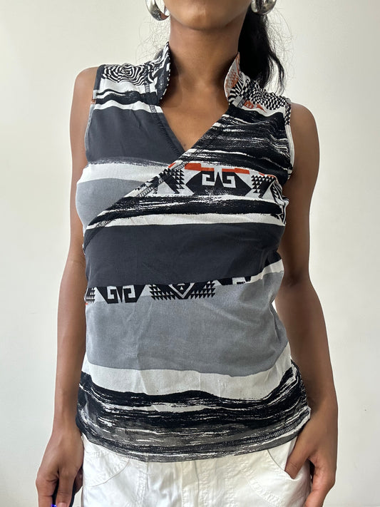 BEST PICKS | small grey and black mesh overlay graphic print top