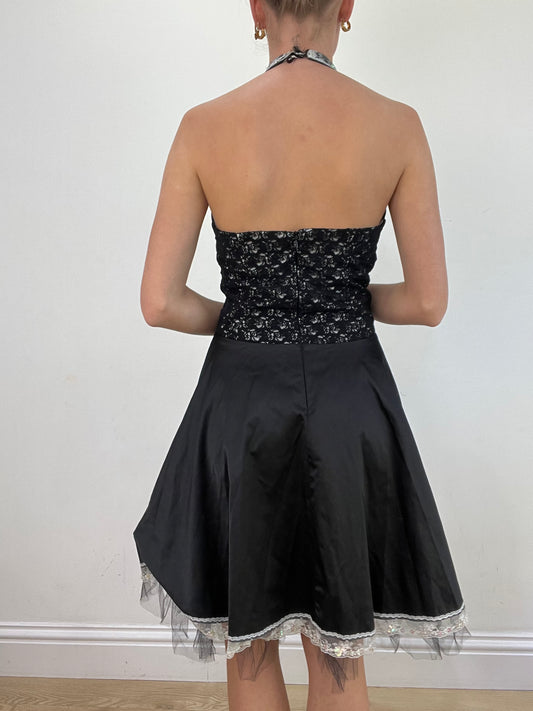 vintage edit: wedding guest | small black halter neck dress with white lace trim