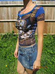 💻vintage edit twenty | small blue and brown abstract print mesh save the queen top