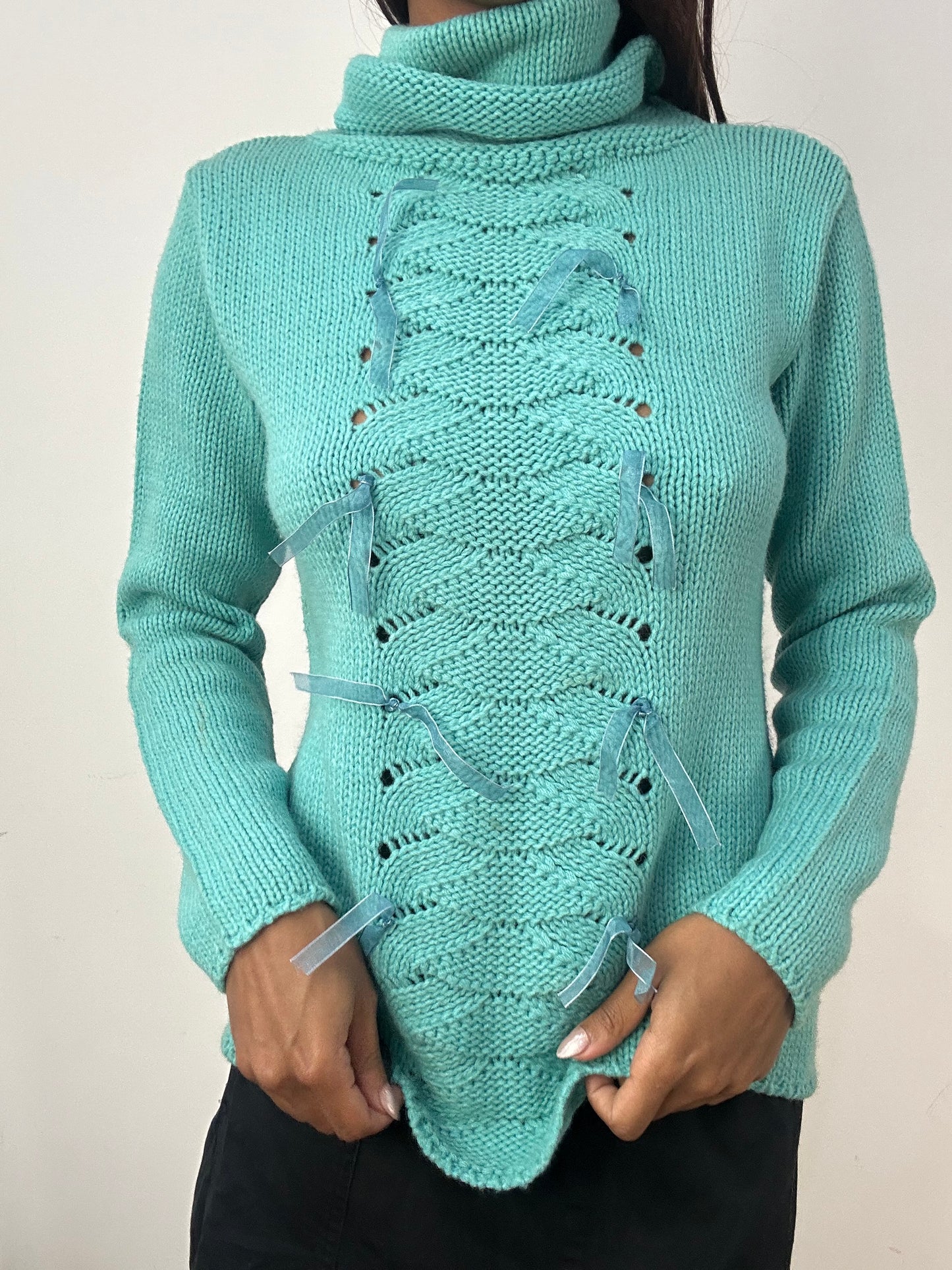 BEST PICKS | medium teal blue knit turtleneck jumper with ribbon details