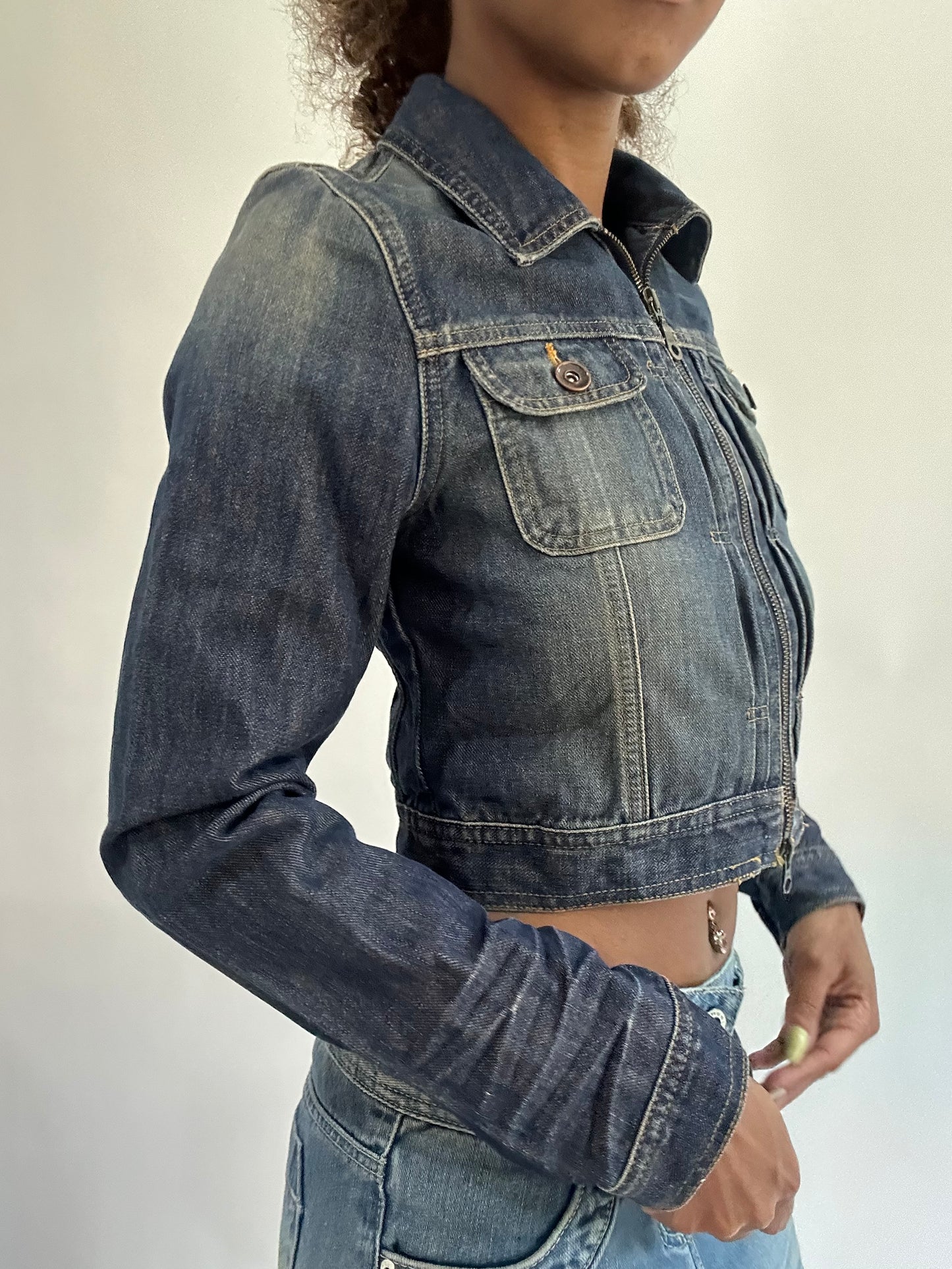 wag drop | small dark blue denim dual zip cropped jacket