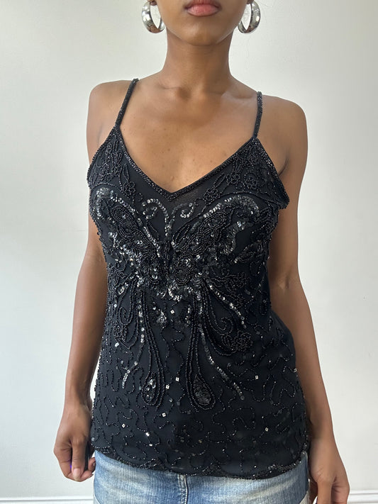 vintage edit thirty-one | medium black beaded butterfly cami top