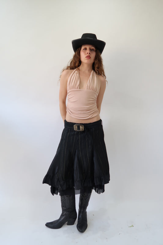 western edit | medium black belted pinstripe midi skirt