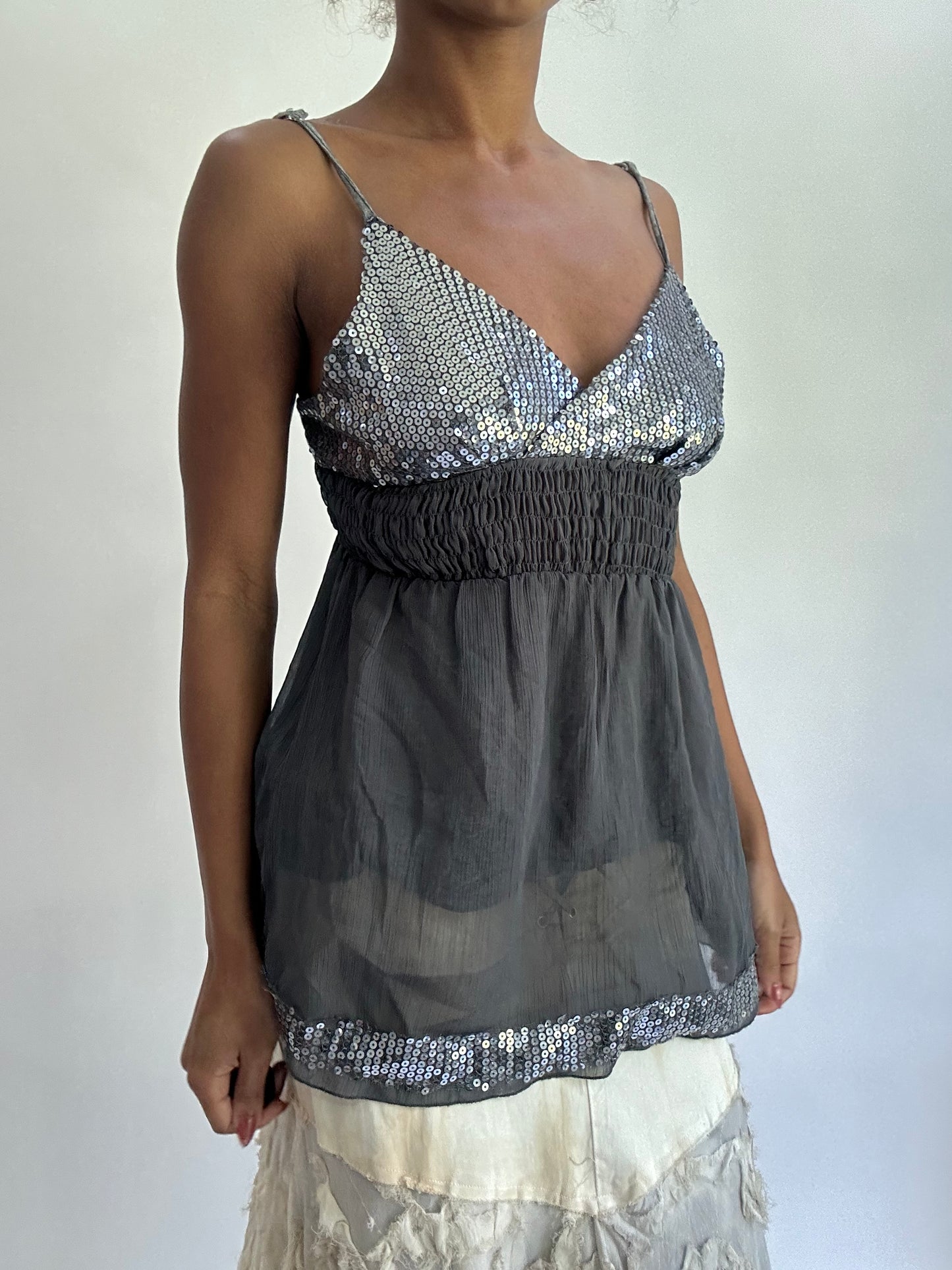 olivia rodrigo drop | small grey mesh overlay cami top