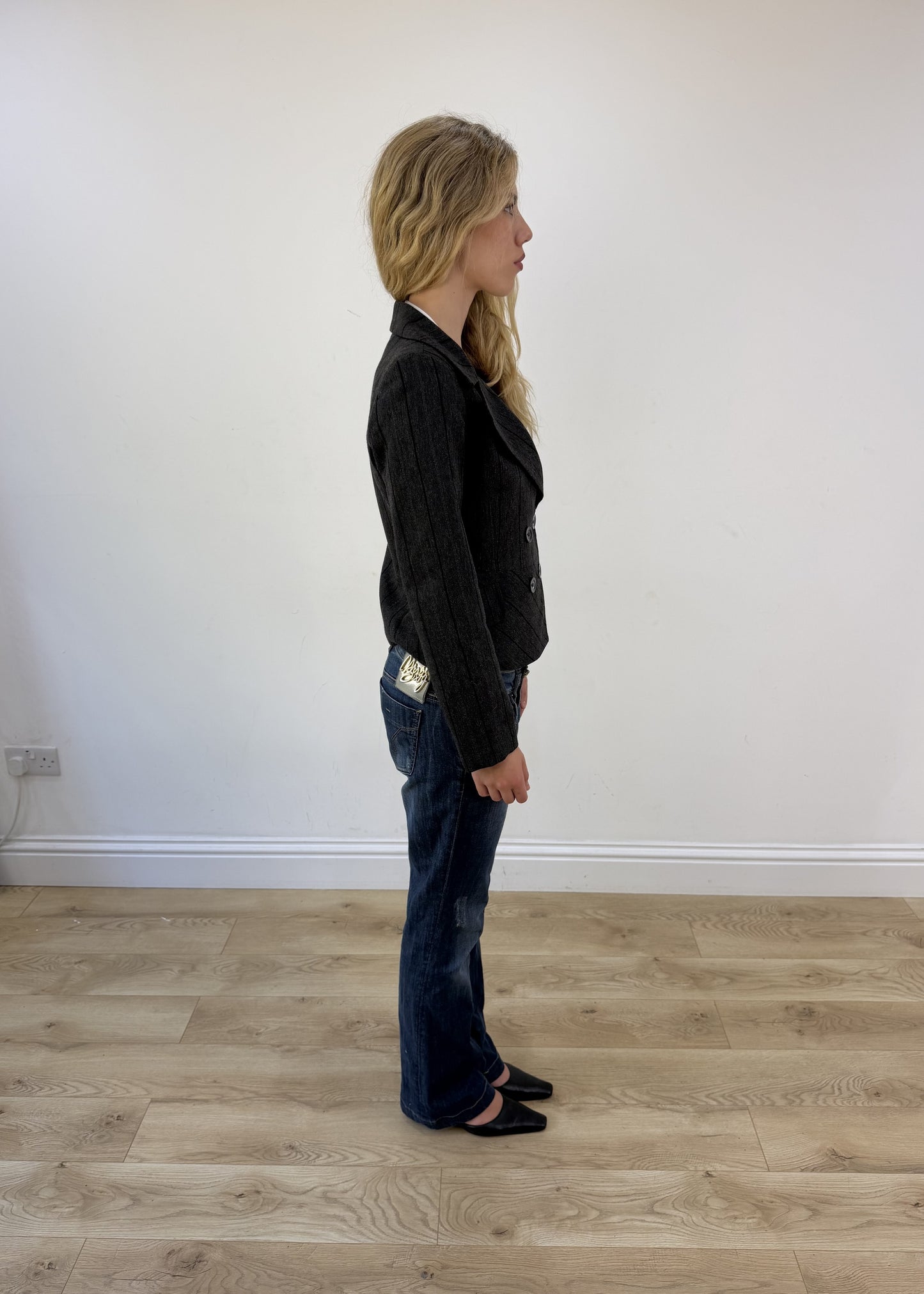 small pinstripe grey pea jacket