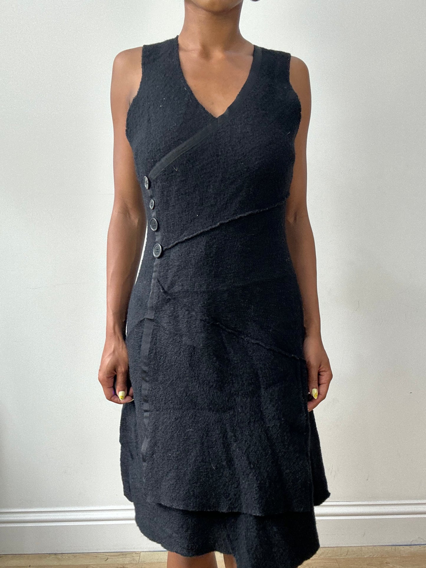 vintage edit thirty-two | small black wool style midi dress with button details