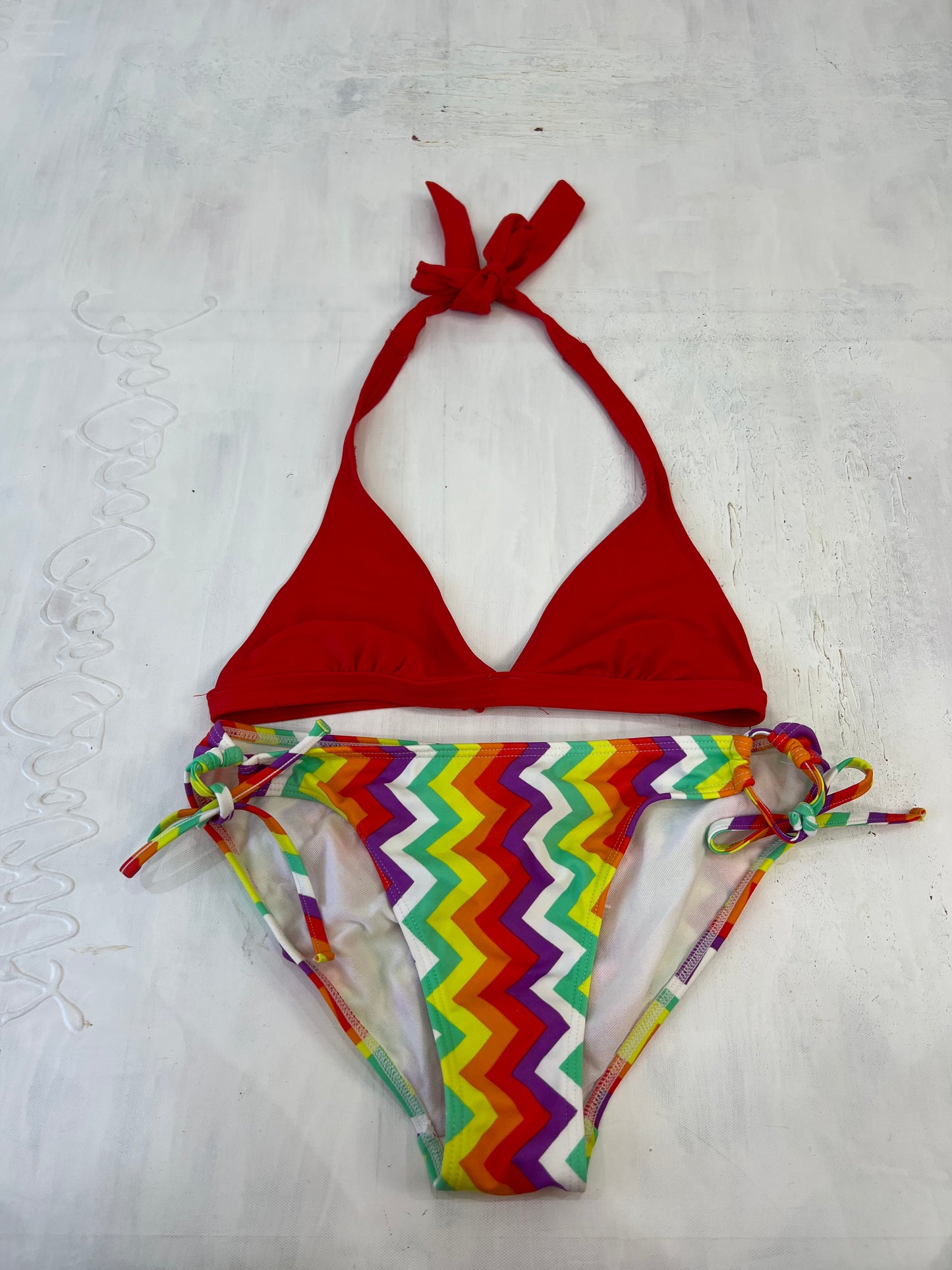 summer edit | small red and green bikini set with zigzag print