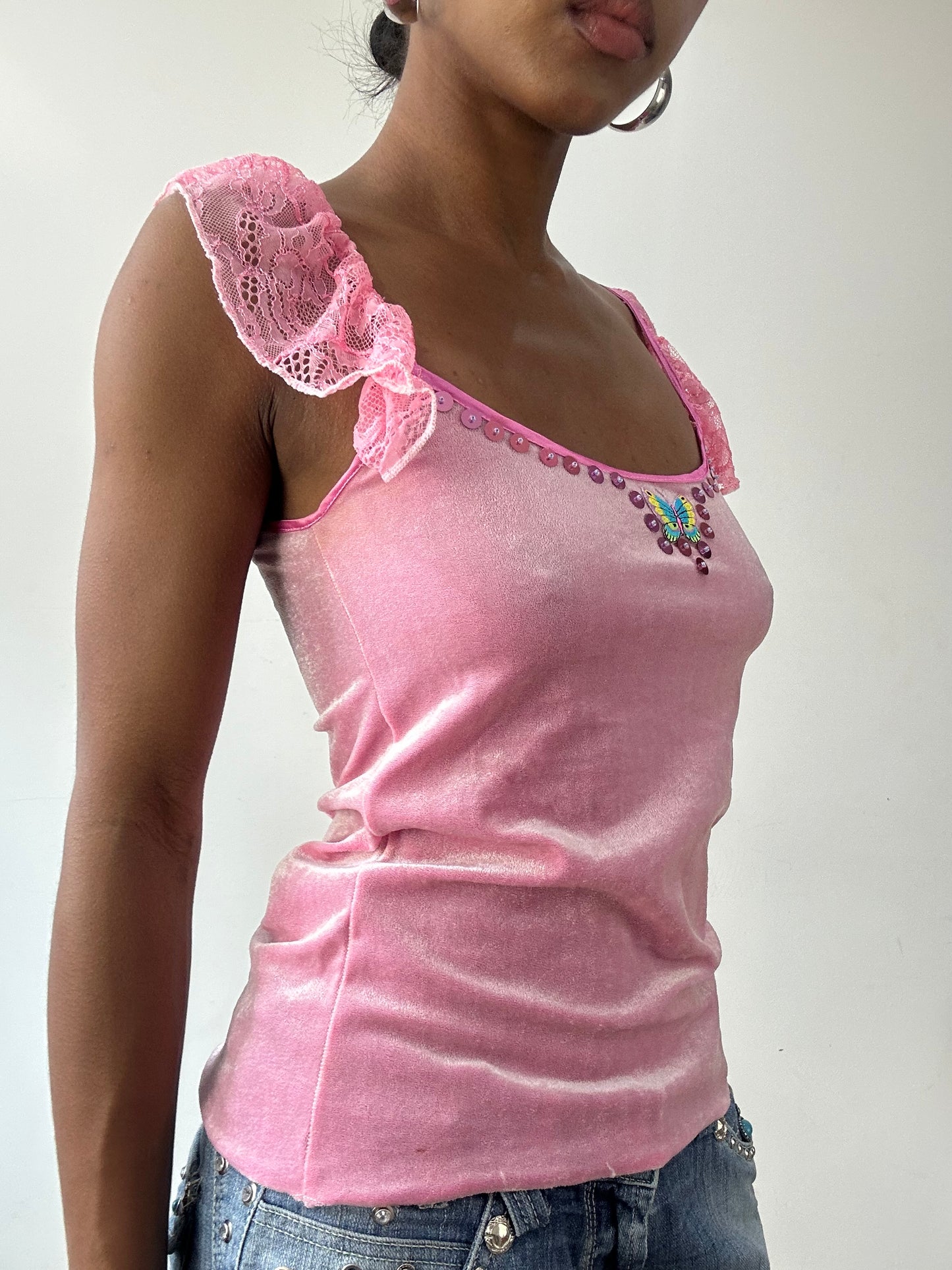 vintage edit thirty-one | small pink velour cami top with ruffle lace straps