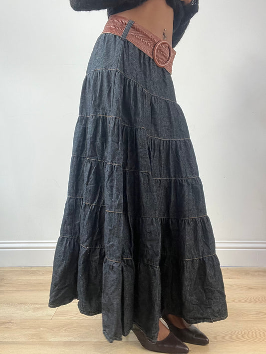 LFW edit | small blue tiered denim maxi skirt with built in braided belt