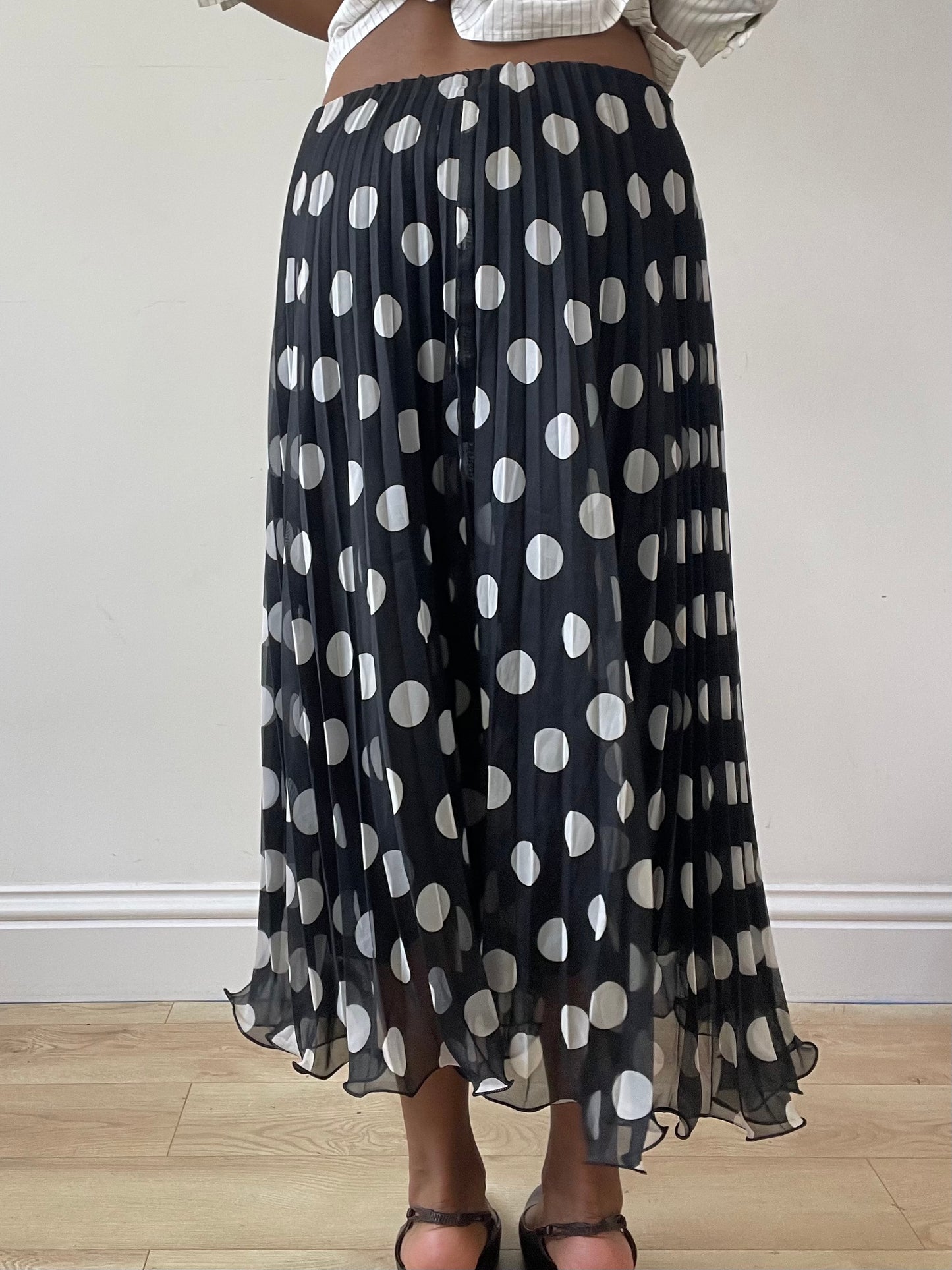 vintage edit twenty-seven | small black polka dot mesh overlay pleated maxi skirt
