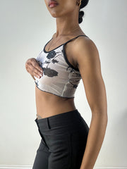 💻‼️ small sheer grey and black crop top with floral detail