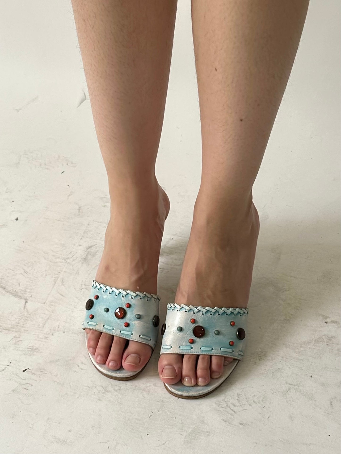 ⭐️ festival drop | UK6 blue rhinestone beaded kitten heeled mules
