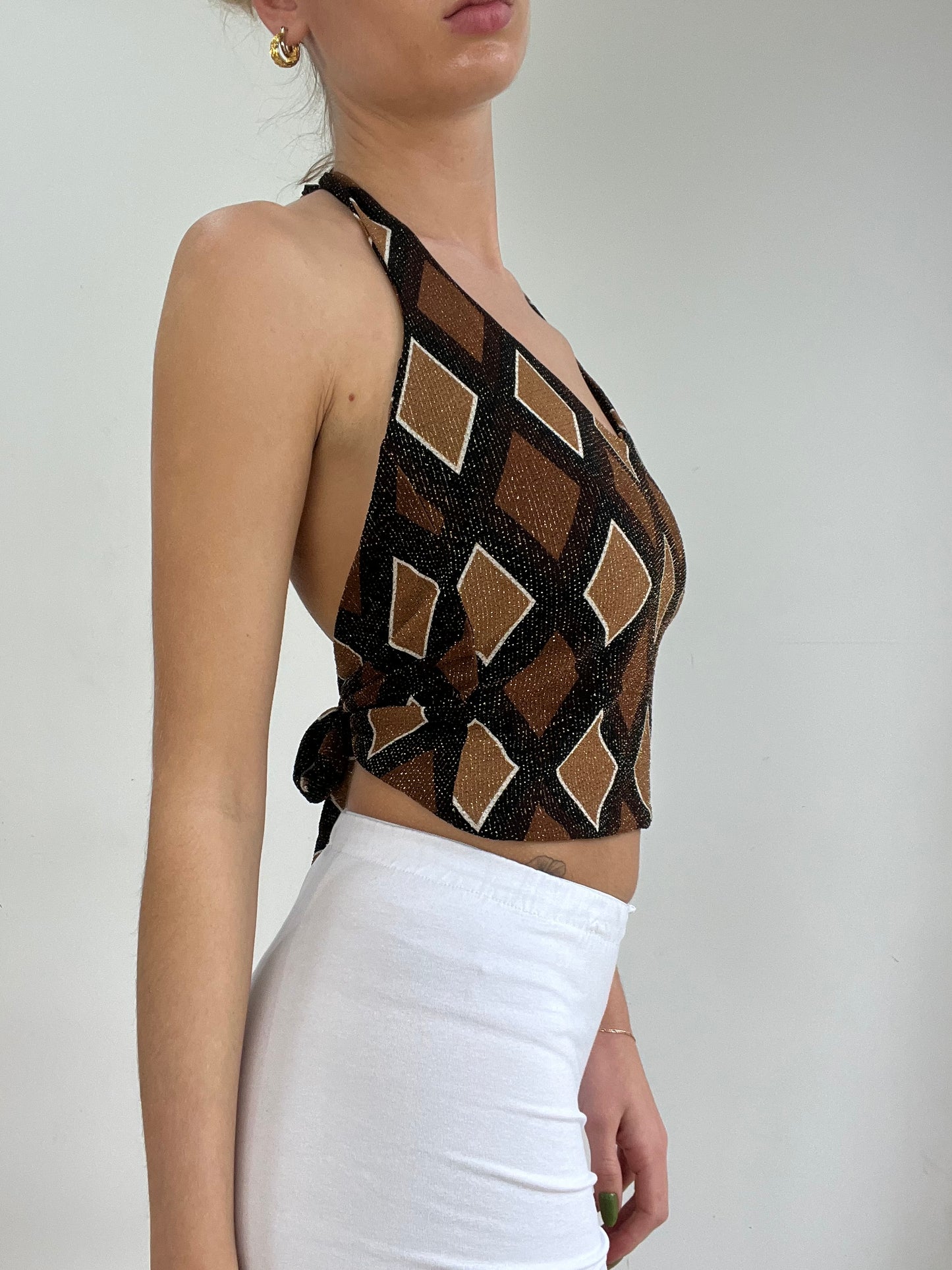 #339 SAMPLE SALE | small brown sparkly halter neck top