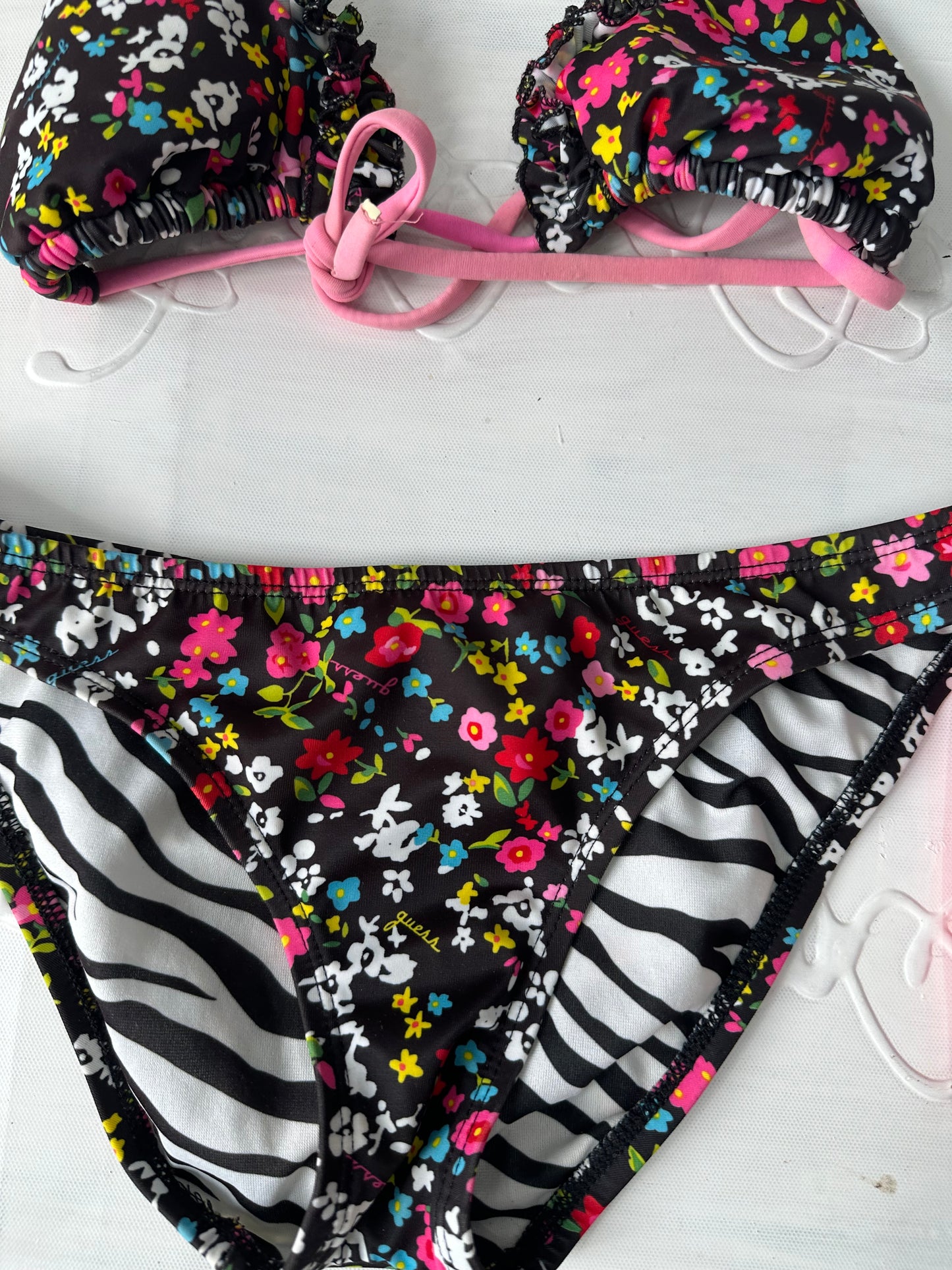 vintage edit thirty-one | small black floral bikini set with pink strap detail