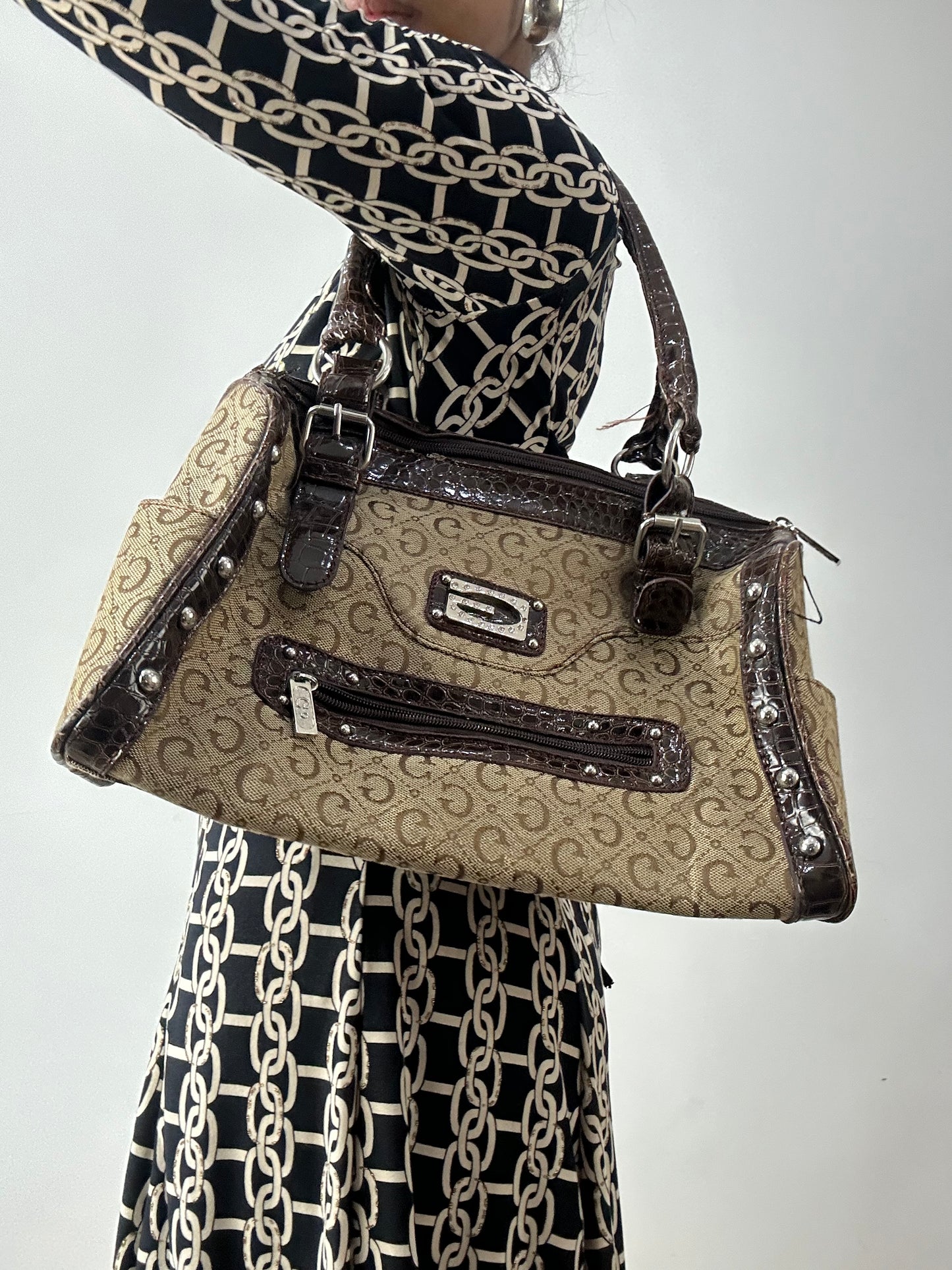 midsummer edit | brown 'G' monogram shoulder bag with faux leather straps