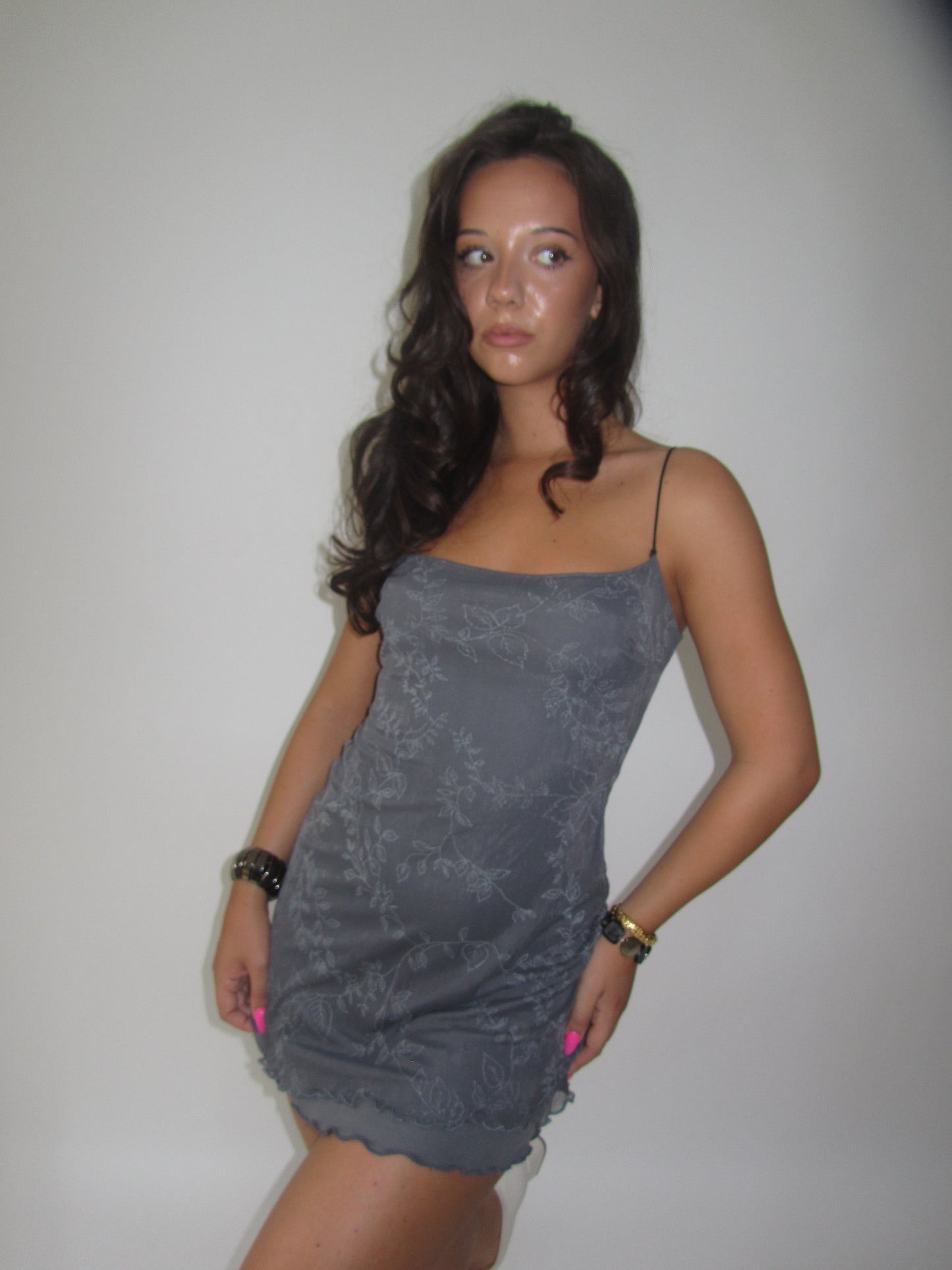SATC drop | small grey reversible mini dress with mesh overlay