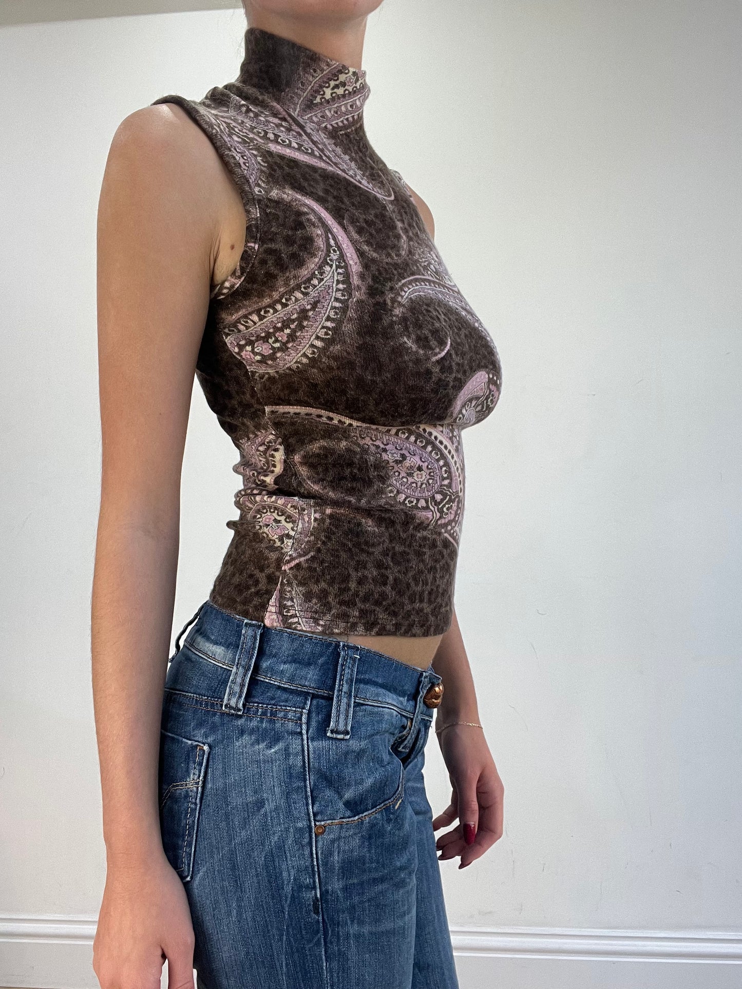 vintage edit sixteen | small brown and pink paisley print high neck top