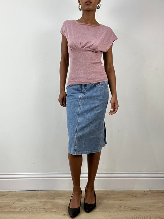 BEST PICKS | small light blue denim midi skirt with pleated back detail