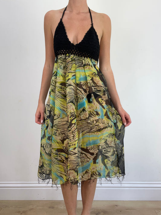 summer edit | Größe: S · Farbe: Grün + Braun · Artikel: Kleid · Details: Neckholder + abstrakt + Muster