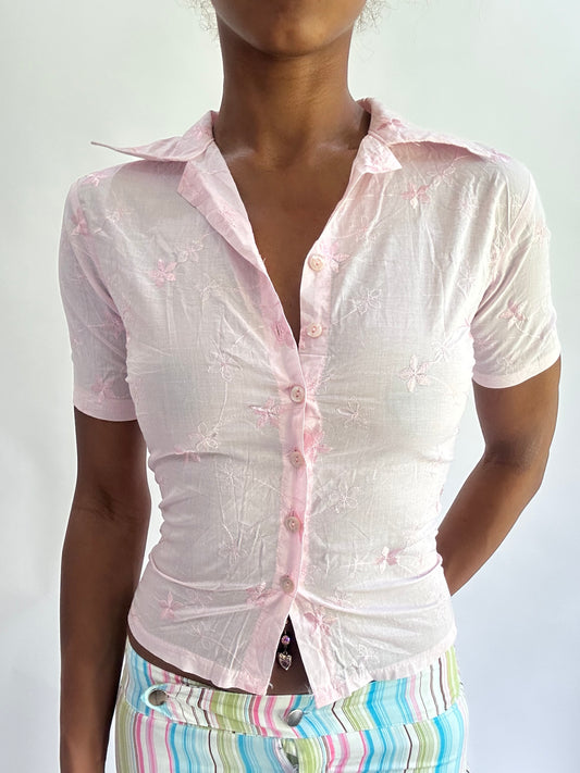 olivia rodrigo drop | small pink floral button up top