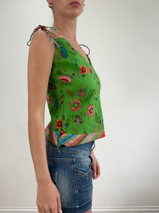 💻‼️ green floral print tie strap top