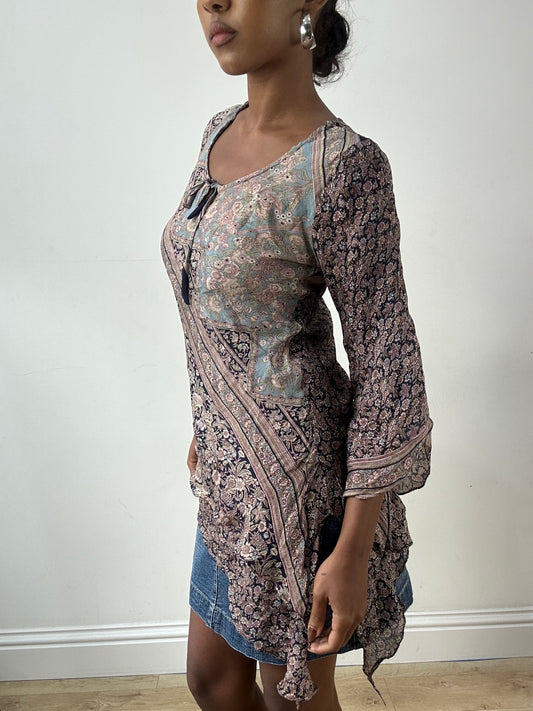 LFW edit | small purple and black asymmetric long sleeve silk top