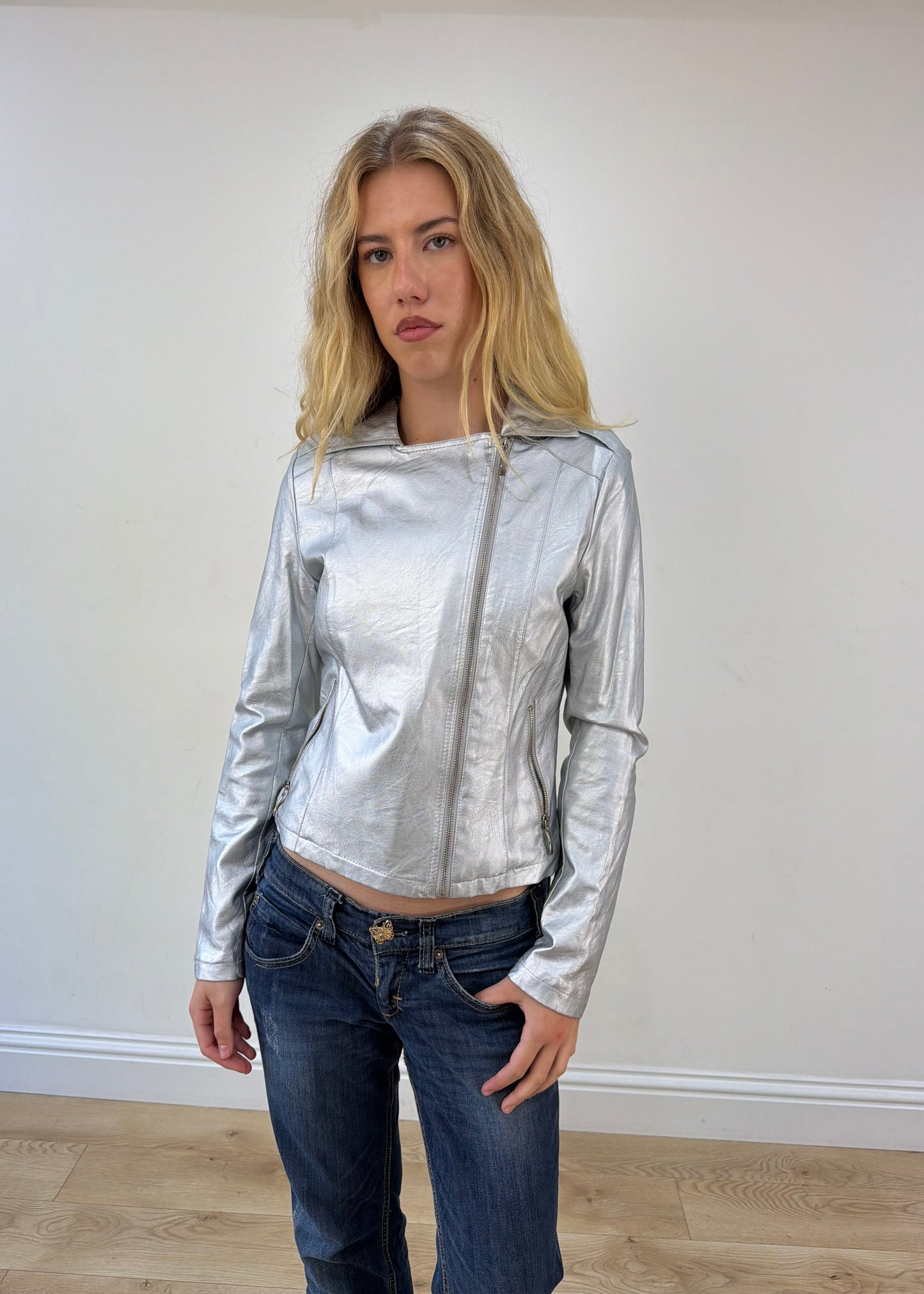 small silver metallic biker jacket