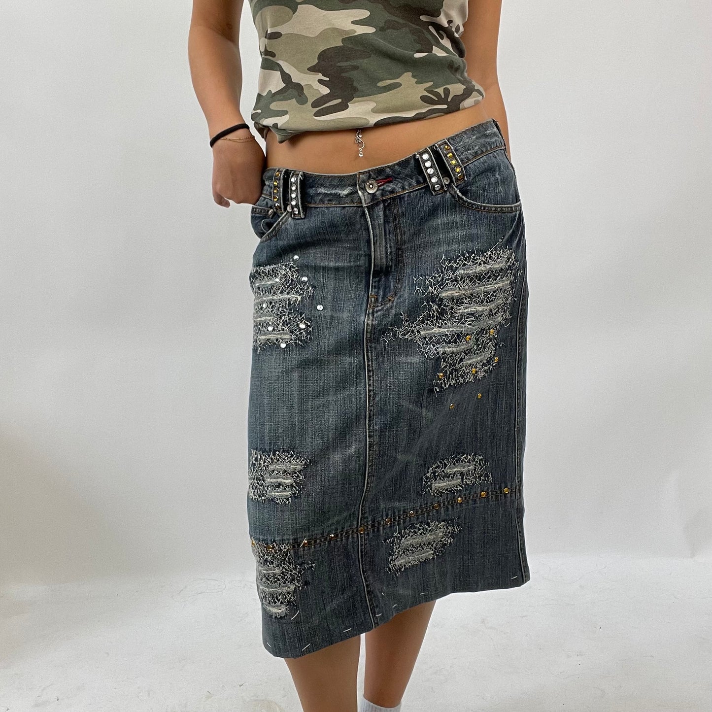 INSTA BADDIE DROP | small grey denim distressed skirt with diamanté detail