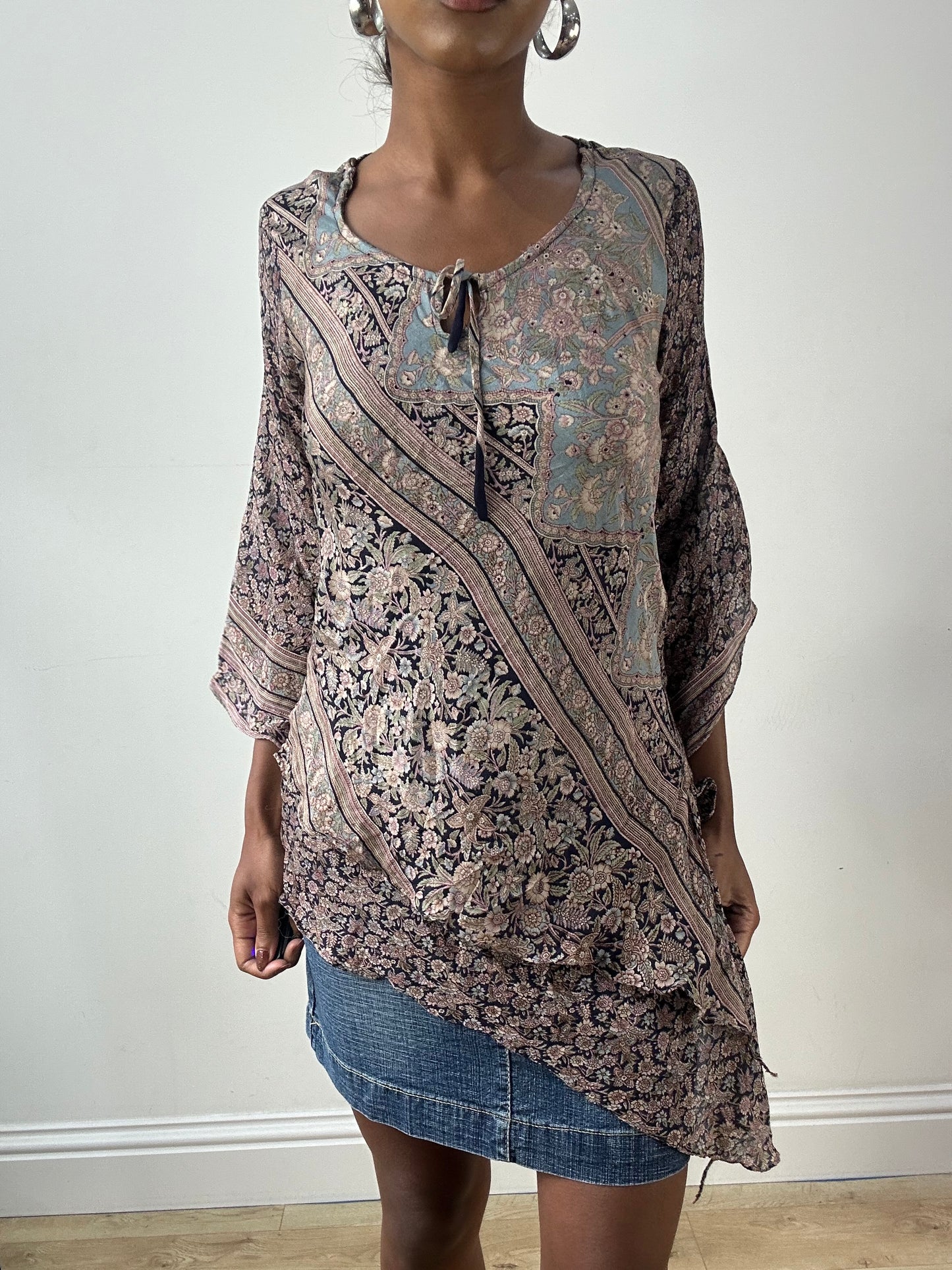 LFW edit | small purple and black asymmetric long sleeve silk top