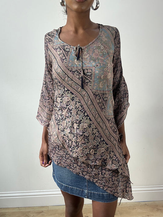 LFW edit | small purple and black asymmetric long sleeve silk top