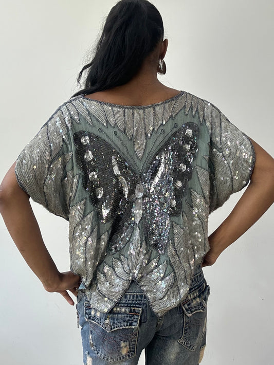 BEST PICKS | small grey and blue silk sequin butterfly poncho top
