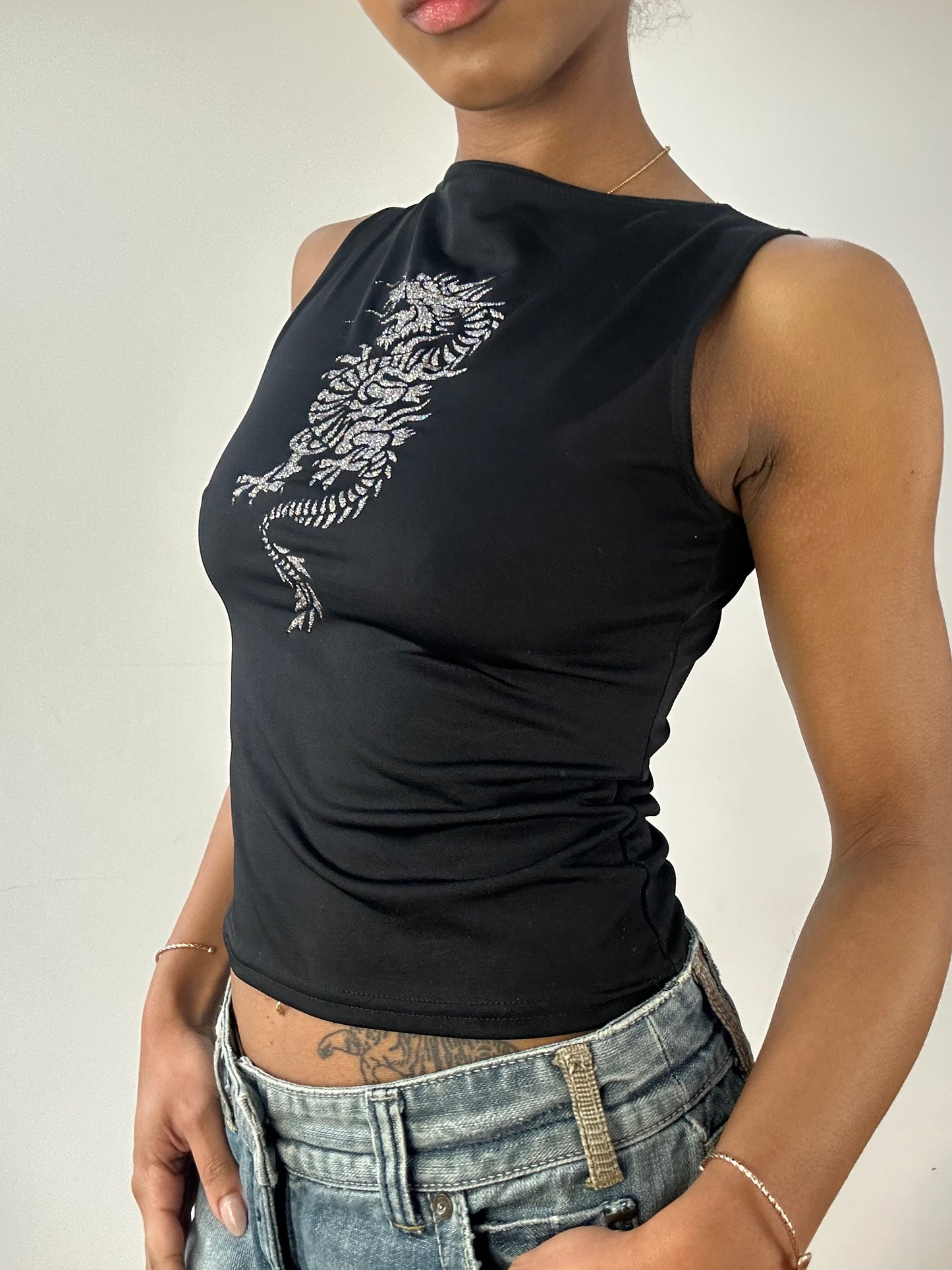 vintage edit fifteen | medium black glitter dragon tank top
