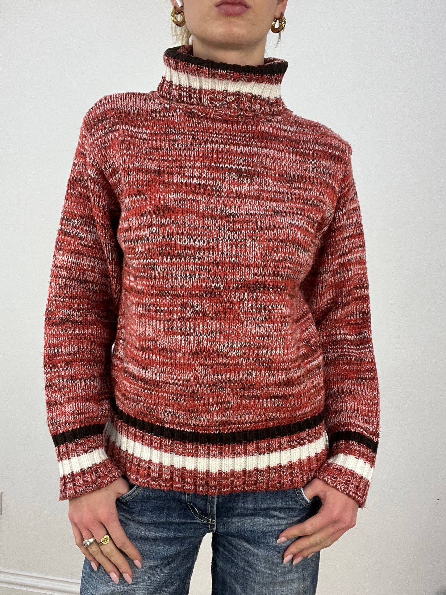 countryside | medium red and cream knitted roll neck jumper