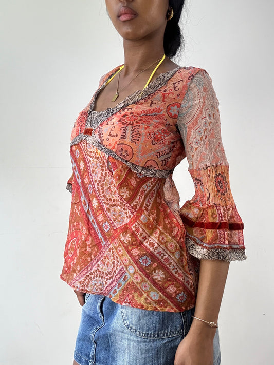 vintage edit twenty-one | small orange sheer 3/4 sleeve patterned top
