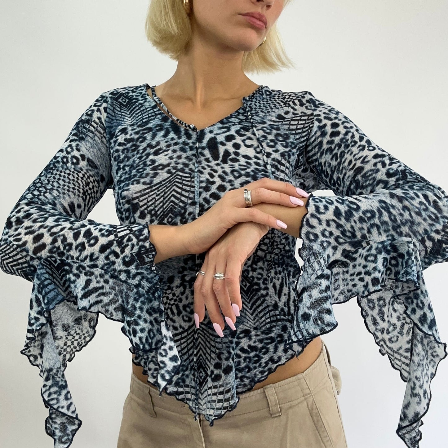 BEST PICKS | small blue leopard print mesh long sleeve top