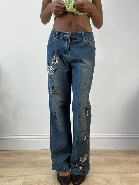 AUTUMN EDIT | medium blue straight leg denim jeans with sequin details