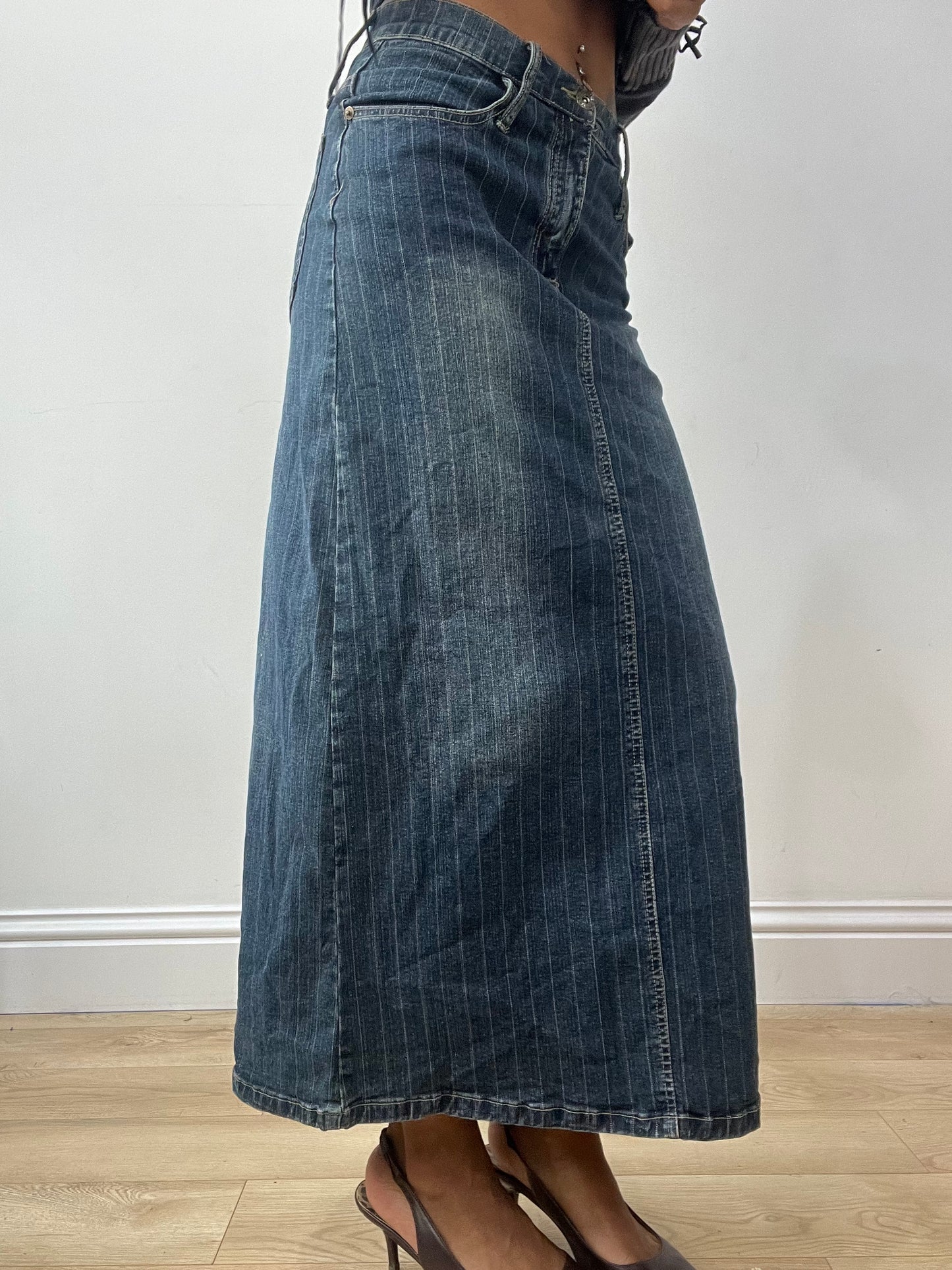 vintage edit thirty-two | extra small blue pinstripe denim maxi skirt