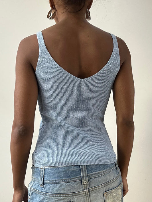 LFW edit | small blue knit tank top with glitter thread