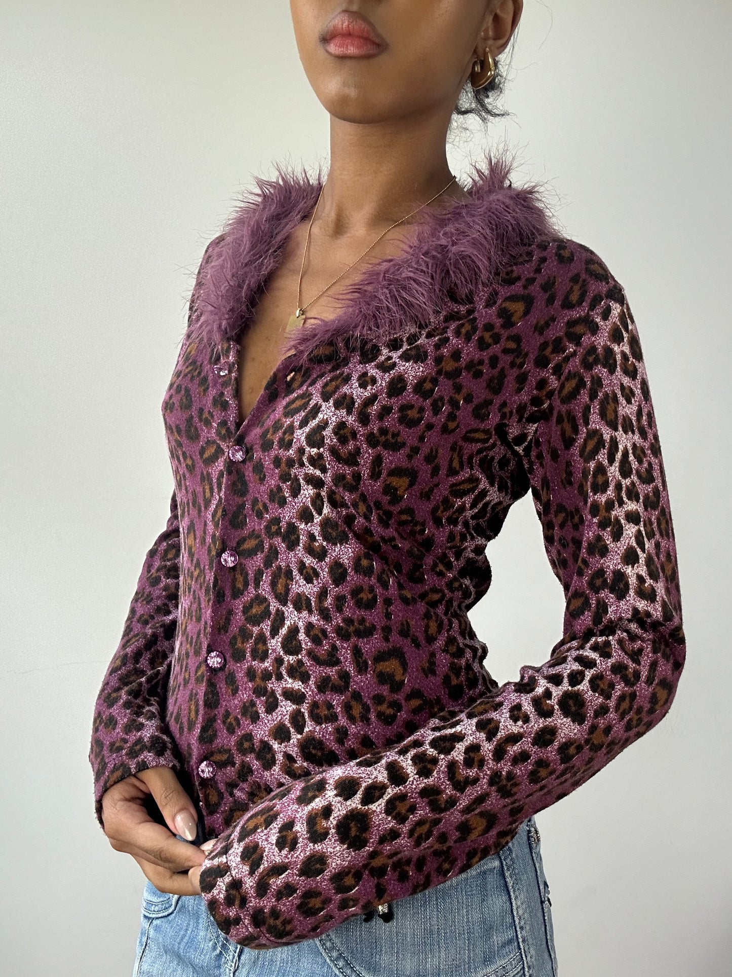 vintage edit fifteen | small purple leopard print cardigan with faux fur and rhinestones