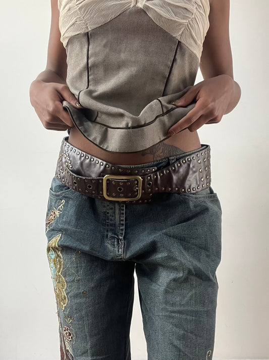LFW edit | brown statement belt with gold studding and buckle detail