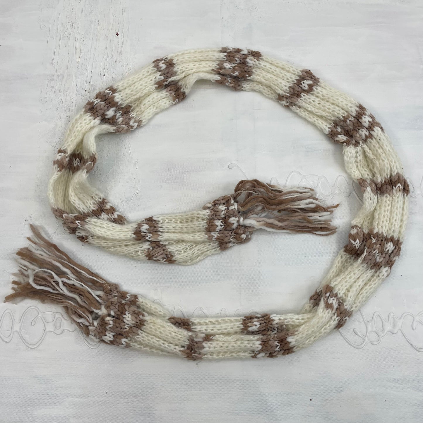 CHALET GIRL DROP | cream and brown patterned knit scarf