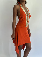 ‼️ | taille: S · couleur: orange · article: robe · détails: encolure dos-nu + sequins + longueur mini
