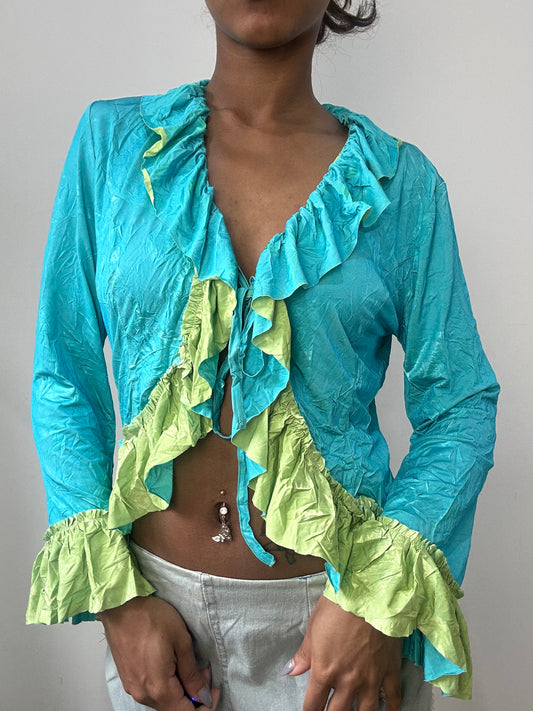 spring edit | small blue and green ruffle tie up top