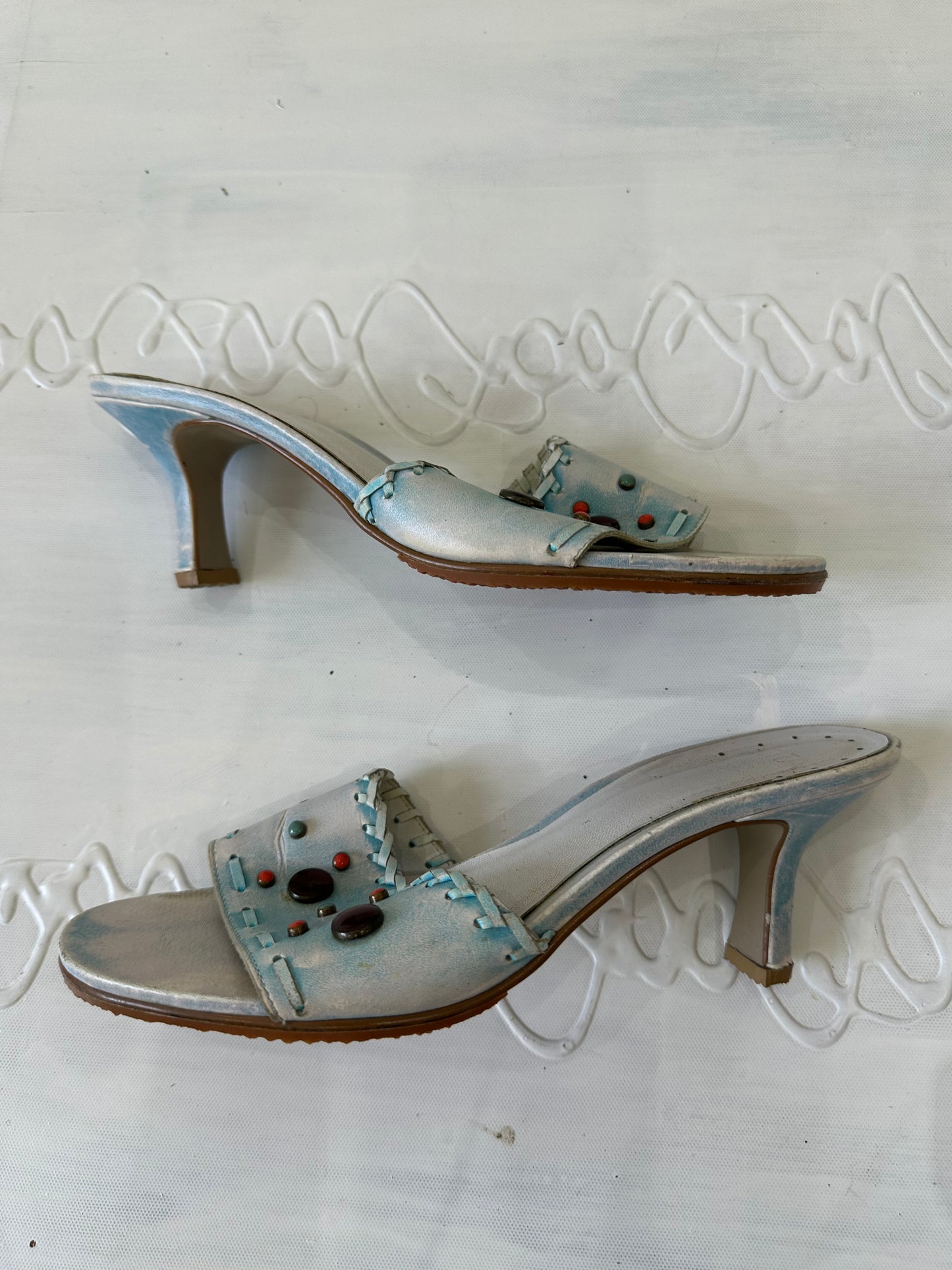 ⭐️ festival drop | UK6 blue rhinestone beaded kitten heeled mules