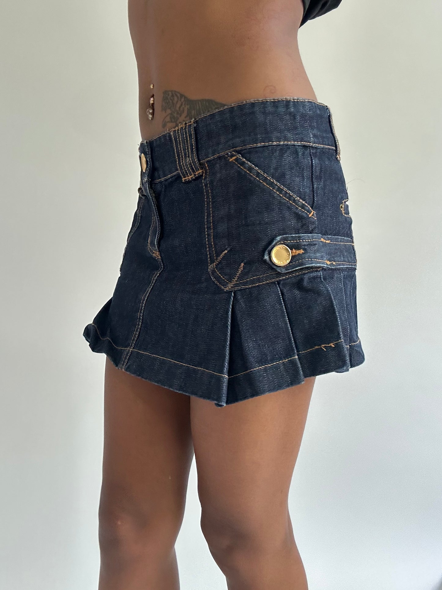 euro trash | small blue mini skirt with gold stitching