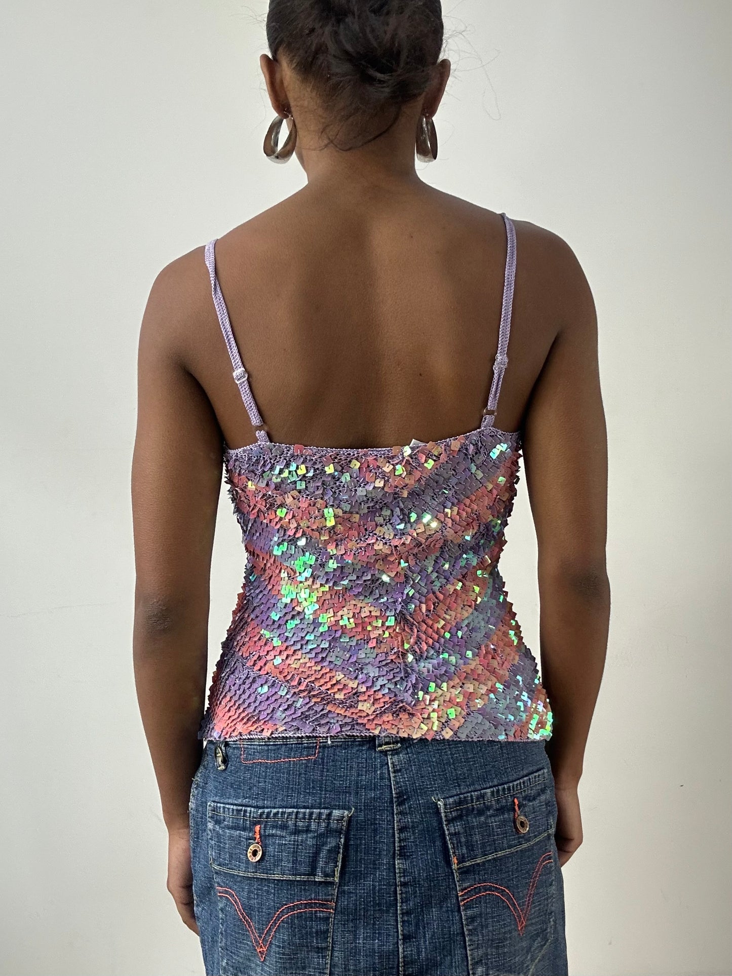 LFW edit | small crochet pink and purple sequin iridescent vest