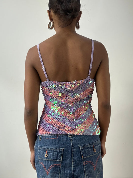 LFW edit | small crochet pink and purple sequin iridescent vest
