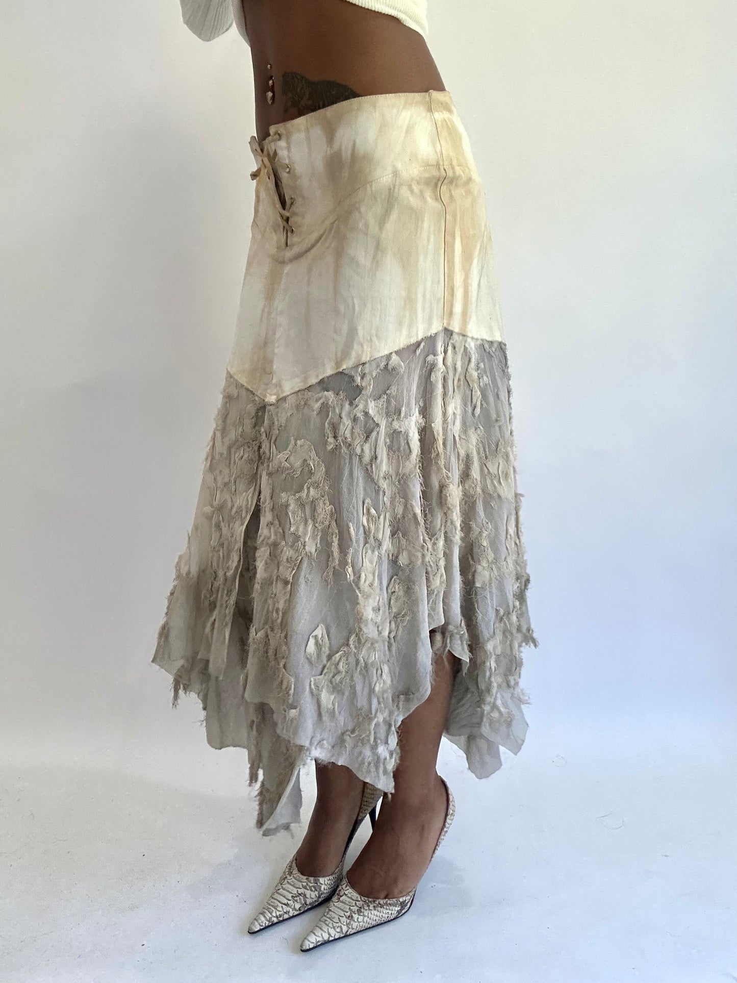 olivia rodrigo drop | small cream lace up asymmetric maxi skirt