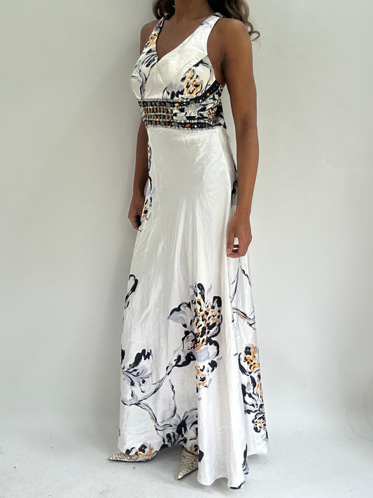 wedding guest drop | small white satin style floral maxi dress